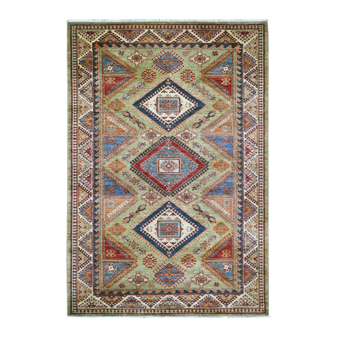 6'x8'9" Green Afghan Super Kazak Geometric Design Hand Knotted Wool Rug (1 of 6)