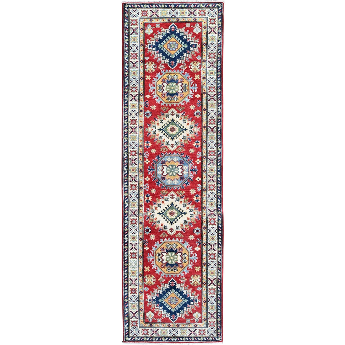 2'9"x9'6" Red Kazak Medallions Design Hand Knotted Soft Wool Runner Rug (1 of 7)