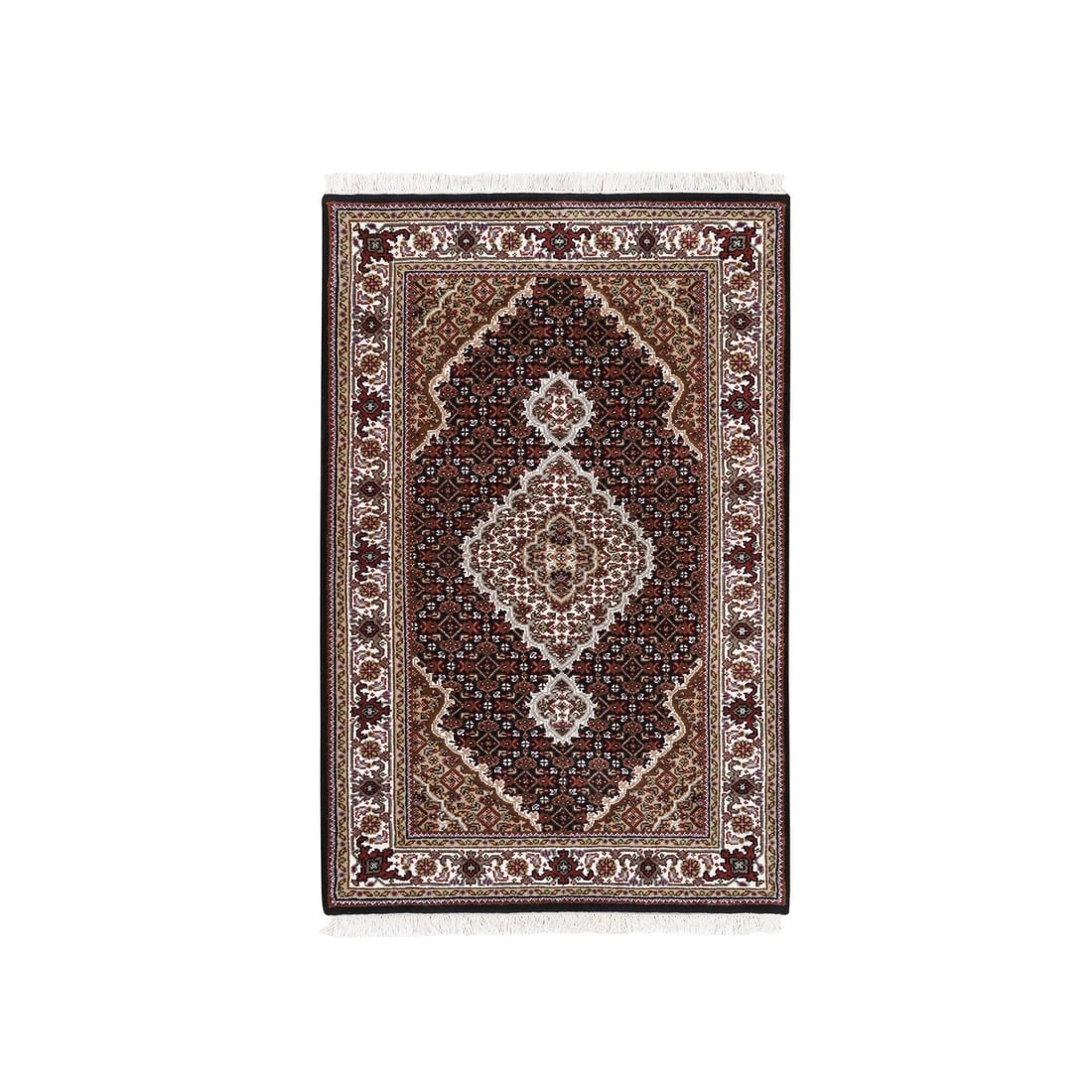 3'2"x5'4" Fish Medallion Design Tebraz Mahi Handknotted Wool And Silk Rug: 3'2"x5'4" Fish Medallion Design Tebraz Mahi Handknotted Wool And Silk Rug Experience the rich cultural heritage of India in this stunning hand-knotted tebraz mahi rug, expertly woven from wool and sil