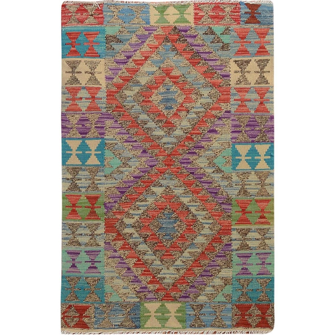2'7"x4'1" Colorful Flat weave Afghan Kilim Pure Wool Hand Woven Rug: 2'7"x4'1" Colorful Flat weave Afghan Kilim Pure Wool Hand Woven Rug Experience the rich cultural heritage of Afghanistan with this stunning, hand-woven kilim rug. Crafted from high-quality pure wool,