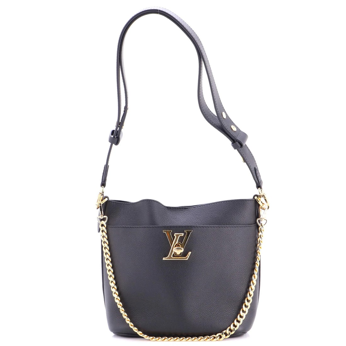 Louis Vuitton Lock and Walk Bucket Bag Leather: Louis Vuitton Lock and Walk Bucket Bag Leather A sleek and sophisticated accessory for the modern woman, this Louis Vuitton Lock and Walk Bucket Bag is crafted from rich black leather and adorned