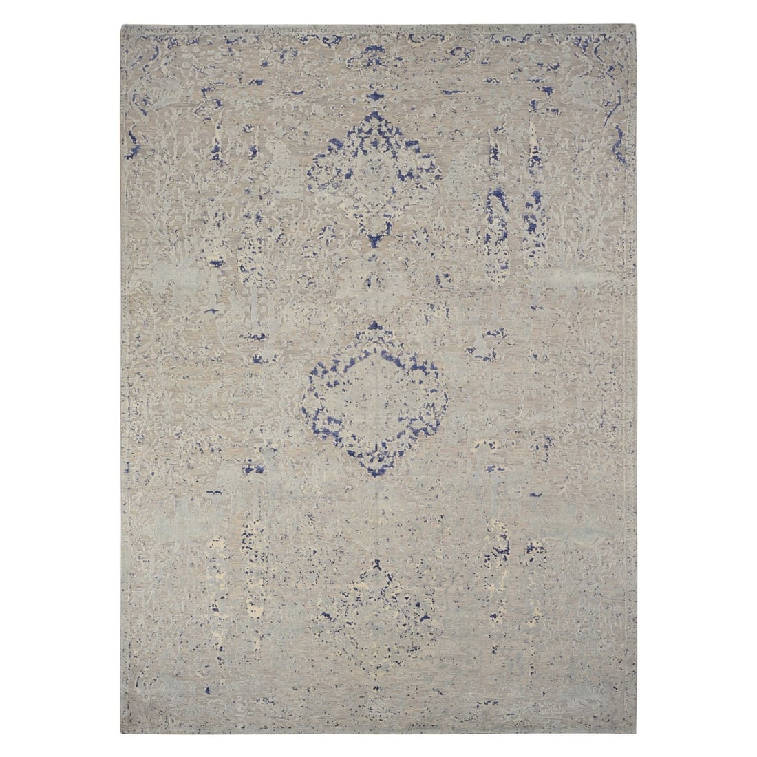 8'8"x12'1" Blue Broken Medallion Design Silk with Wool Hand Knotted Rug: 8'8"x12'1" Blue Broken Medallion Design Silk with Wool Hand Knotted Rug Experience the timeless beauty of Indian craftsmanship with this stunning 8'8"x12'1" blue broken medallion design silk and wool