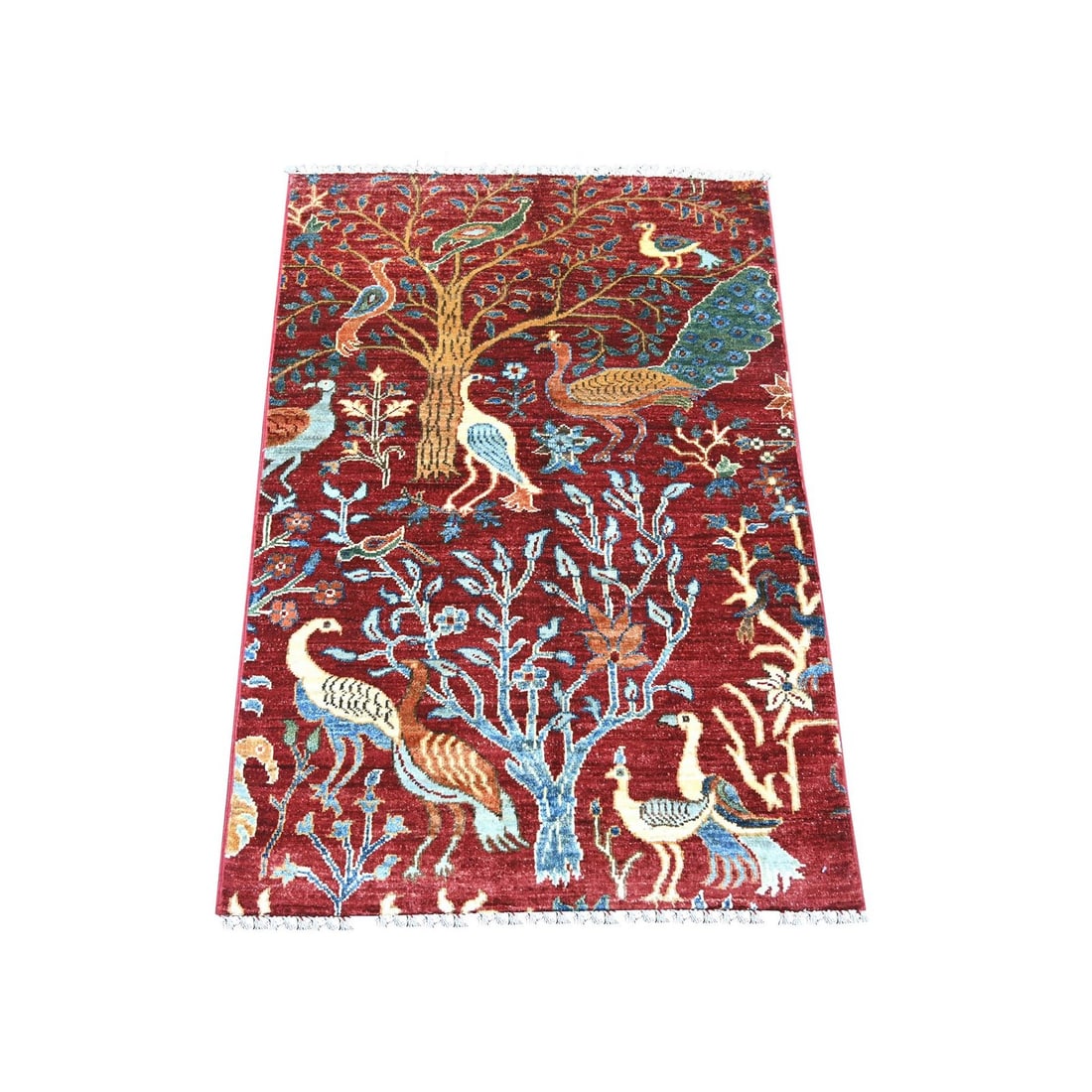 2'8"x3'10" Red Peshawar Birds of Paradise Design Hand Knotted Soft Wool Mat (1 of 6)