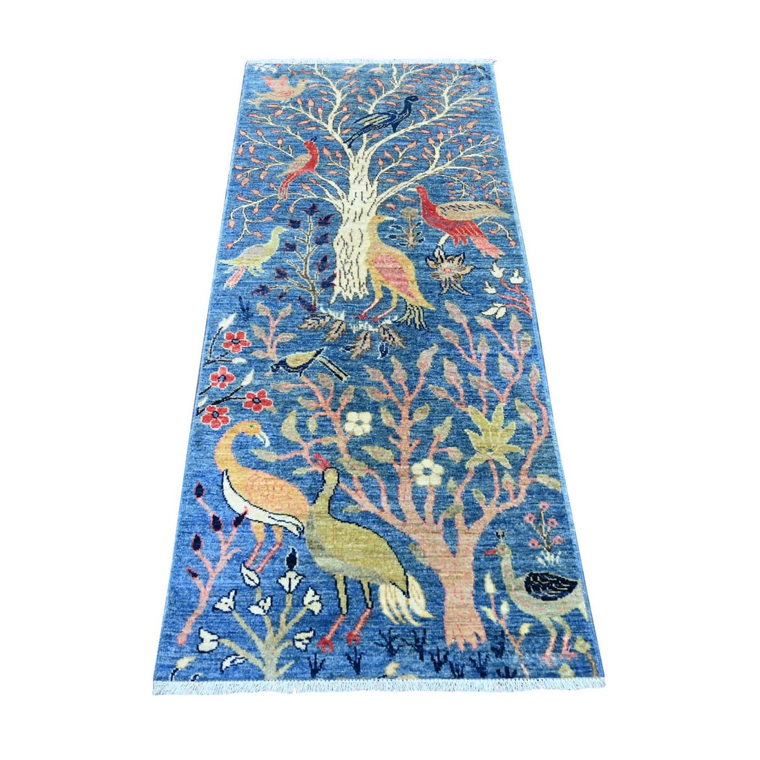 2'6"x5'10" Blue Birds of Paradise Design Hand Knotted Soft Wool Runner Rug: 2'6"x5'10" Blue Birds of Paradise Design Hand Knotted Soft Wool Runner Rug Experience the rich cultural heritage of Afghanistan with this stunning hand-knotted Peshawar-style rug, boasting a vibrant
