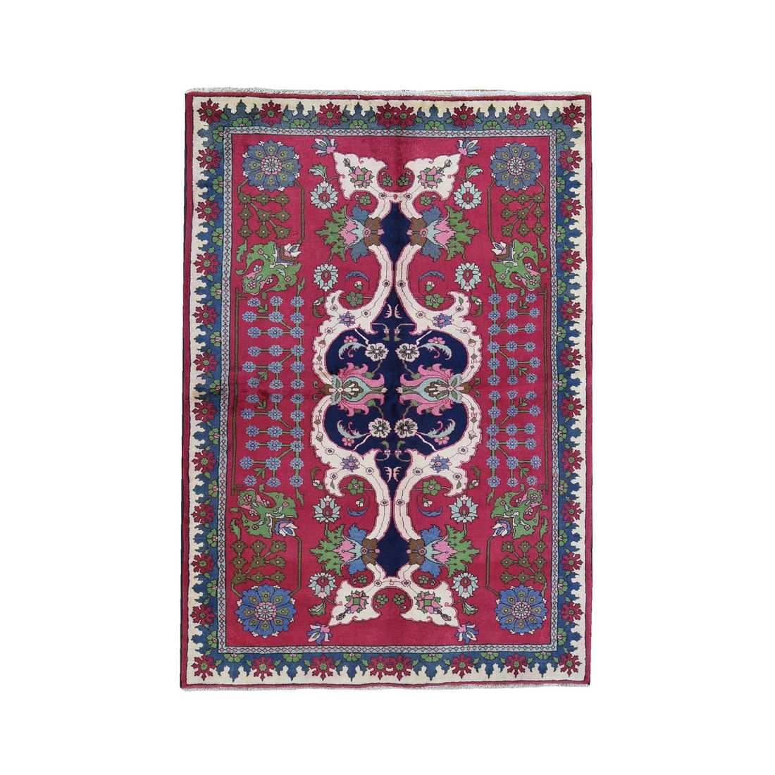 4'10"x7'2" Vintage Farsian Tebraz Flower Design Exc Cond Hand Knotted Rug: 4'10"x7'2" Vintage Farsian Tebraz Flower Design Exc Cond Hand Knotted Rug Experience the timeless beauty of vintage Turkish craftsmanship with this exquisite 200-year-old Farsian Tebraz flower design