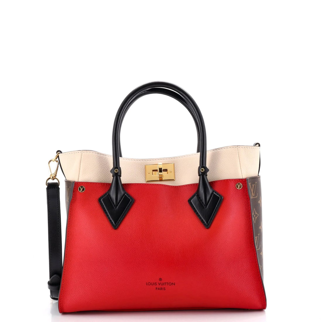 Louis Vuitton On My Side is a leather tote with monogram canvas and MM.: Louis Vuitton On My Side is a leather tote with monogram canvas and MM. Own the iconic style of Louis Vuitton with the On My Side tote, boasting a striking multicolor monogram canvas exterior and