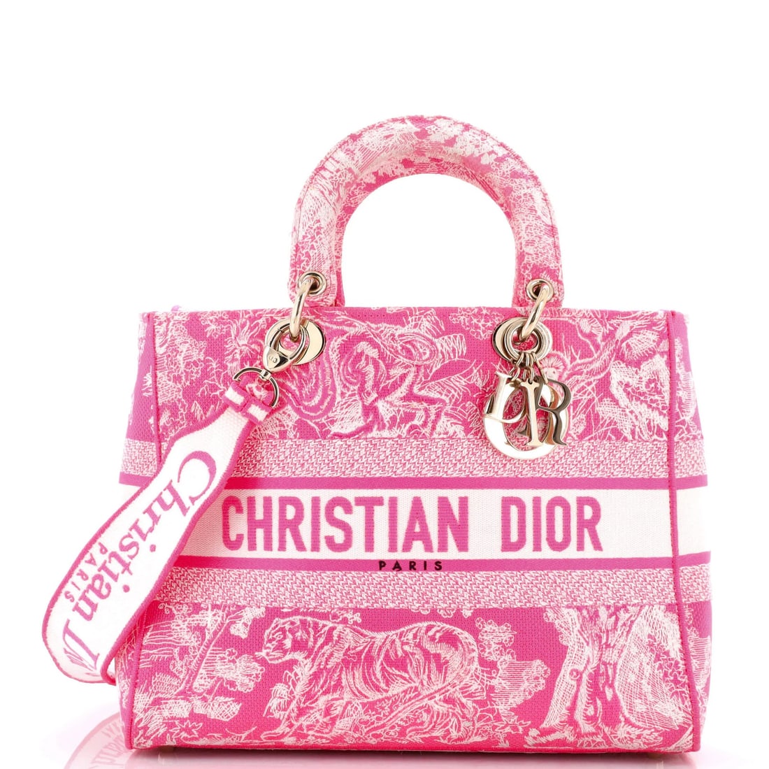 Christian Dior Lady D Lite Canvas Bag: Christian Dior Lady D Lite Canvas Bag The Christian Dior Lady D Lite Canvas Bag is a stylish and iconic tote, boasting a vibrant pink exterior with gold tone hardware. Its spacious interior and