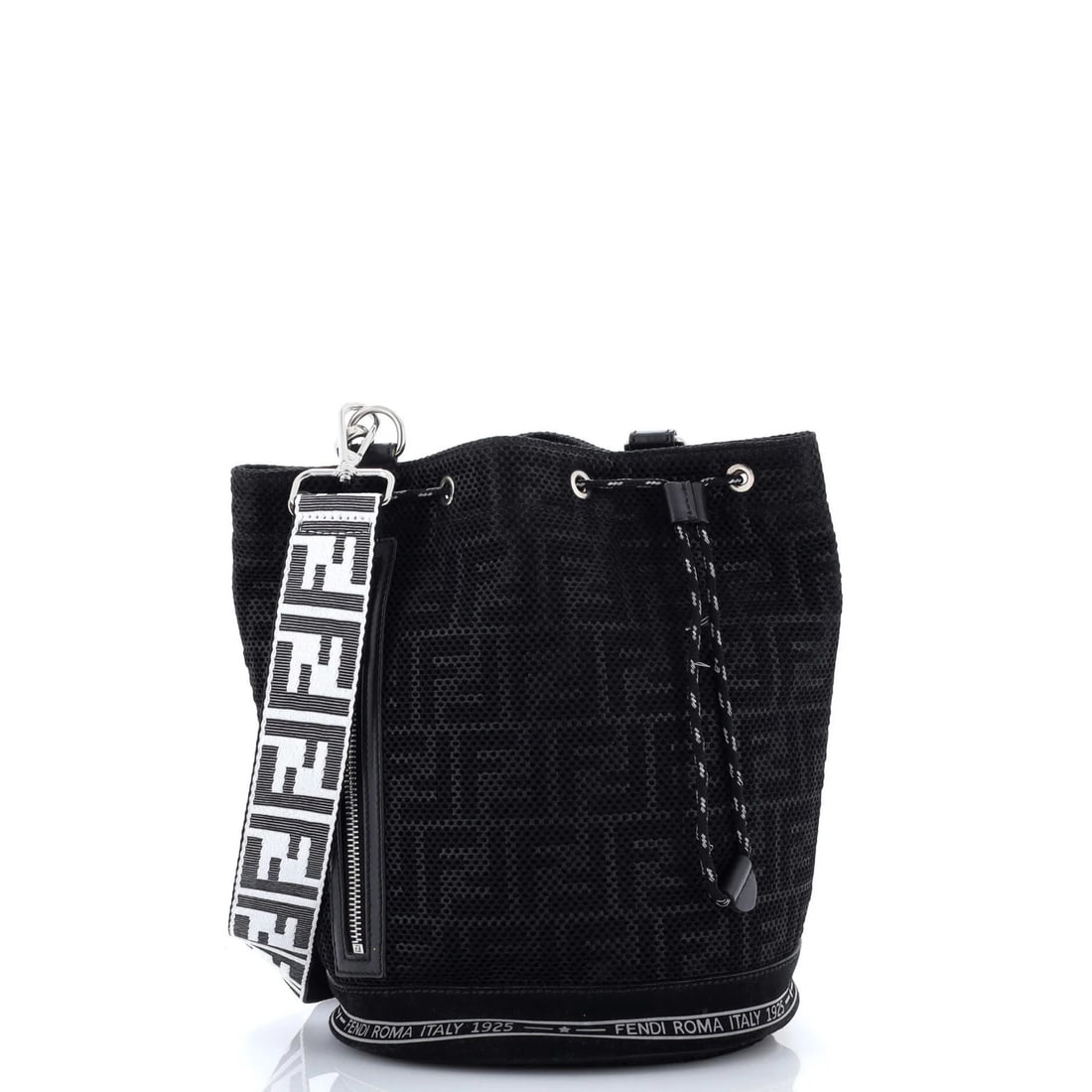 Fendi Small Canvas Zucca Bucket Holdall Mon Tresor: Fendi Small Canvas Zucca Bucket Holdall Mon Tresor The Fendi Small Canvas Zucca Bucket Holdall Mon Tresor is a sleek and stylish accessory that exudes luxury, with its mesh exterior and silver hardwar