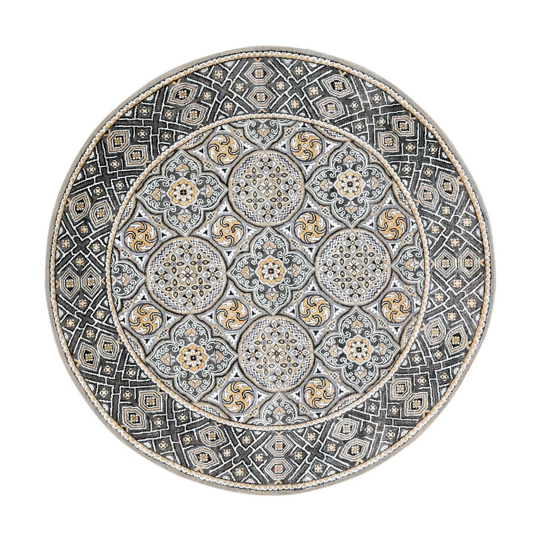 6'1"x6'1" Taupe-Brown Wool Silk Mughal Inspired Hand-Knotted Round Rug (1 of 7)