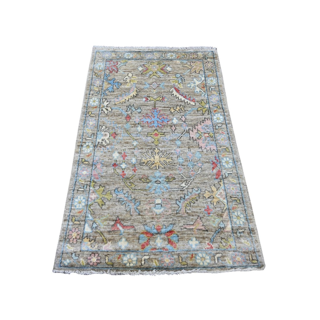 3'x4'10" Stone Gray Afghan Angora Oushak Leaf Design Hand Knotted Wool Rug: 3'x4'10" Stone Gray Afghan Angora Oushak Leaf Design Hand Knotted Wool Rug Experience the rich heritage of Afghan craftsmanship with this stunning 3'x4'10" Oushak leaf design hand-knotted wool rug,