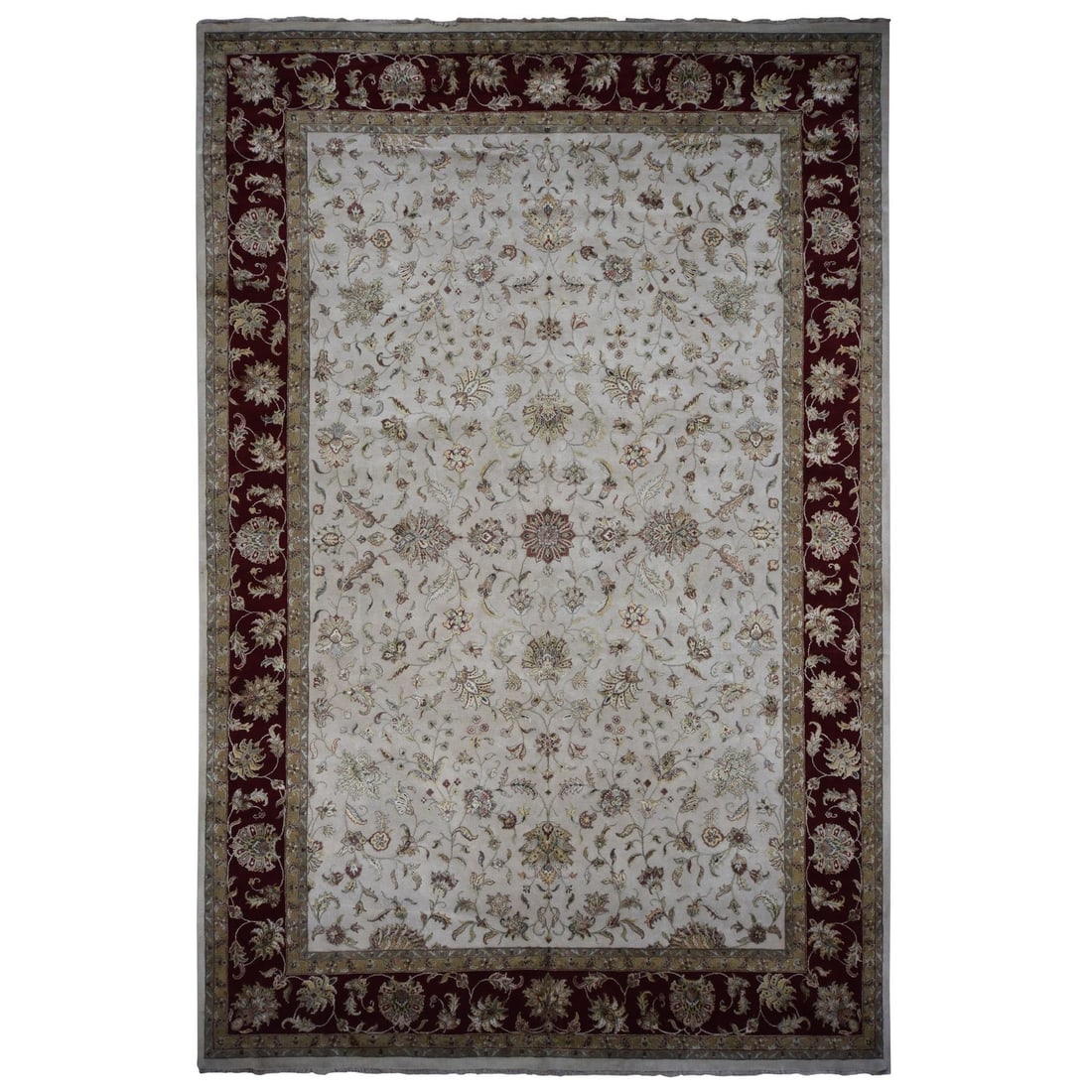 12'x18'2" Ivory Hand Knotted Wool and Silk Rajasthan Design Oversized Rug: 12'x18'2" Ivory Hand Knotted Wool and Silk Rajasthan Design Oversized Rug Experience the timeless elegance of traditional Indian craftsmanship with this stunning 12'x18'2" Ivory Hand Knotted Wool and