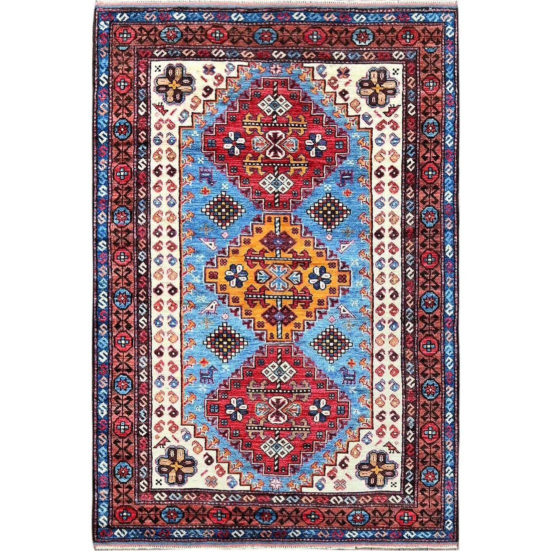 4'2"x6'2" Blue Afghan Caucasian Design Revival Hand Knotted Soft Wool Rug: 4'2"x6'2" Blue Afghan Caucasian Design Revival Hand Knotted Soft Wool Rug Experience the rich cultural heritage of Afghanistan in this stunning, hand-knotted blue wool rug, featuring an intricate