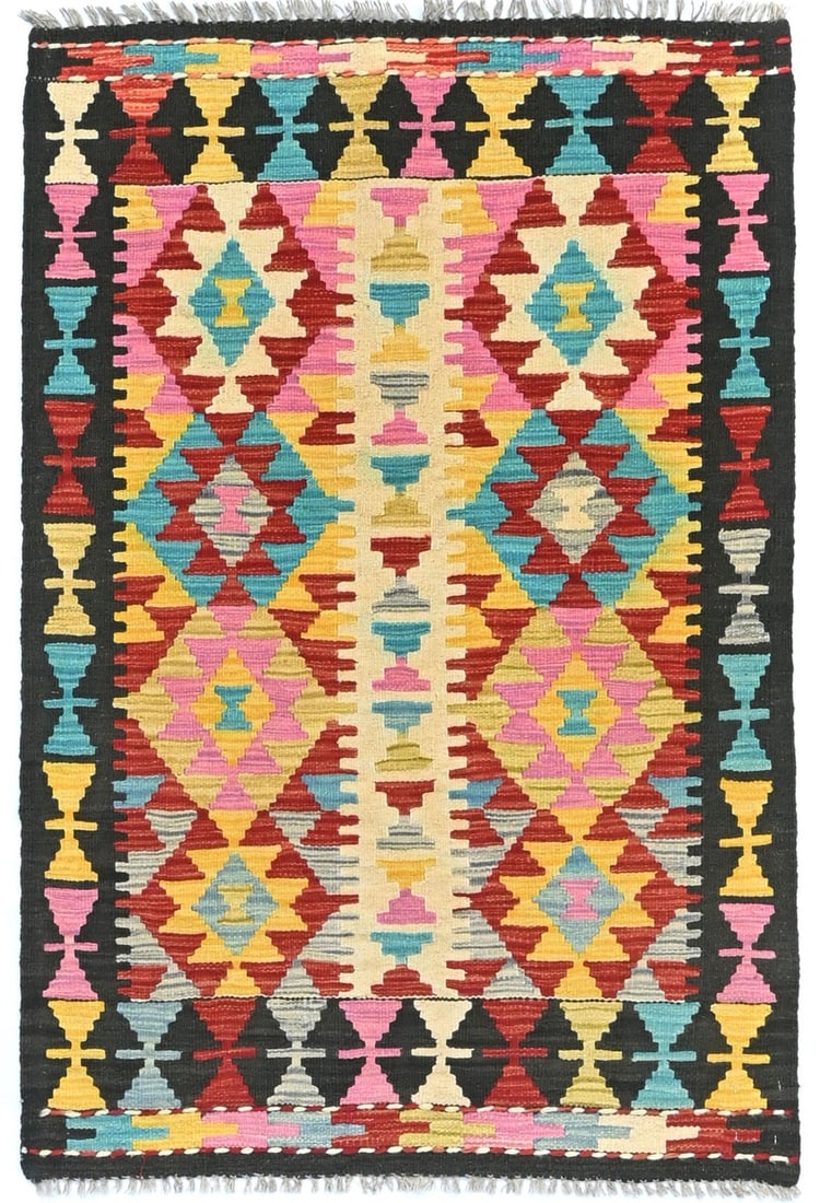 Multicolored 3X5 Kilim Oriental Rug Geometric Design Reversible Small Carpet: Multicolored 3X5 Kilim Oriental Rug Geometric Design Reversible Small Carpet Add a touch of global elegance to your space with this vibrant, multicolored 3x4 kilim rug, expertly hand-woven from wool