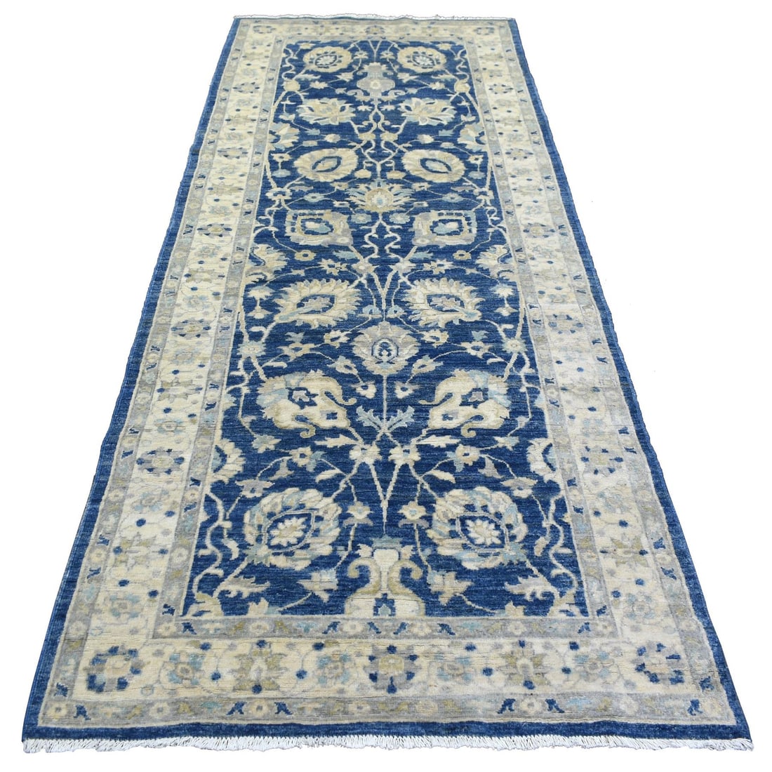 4'x10'3" Denim Blue Hand Knotted Fine Peshawar Wool Wide Runner Rug (1 of 6)