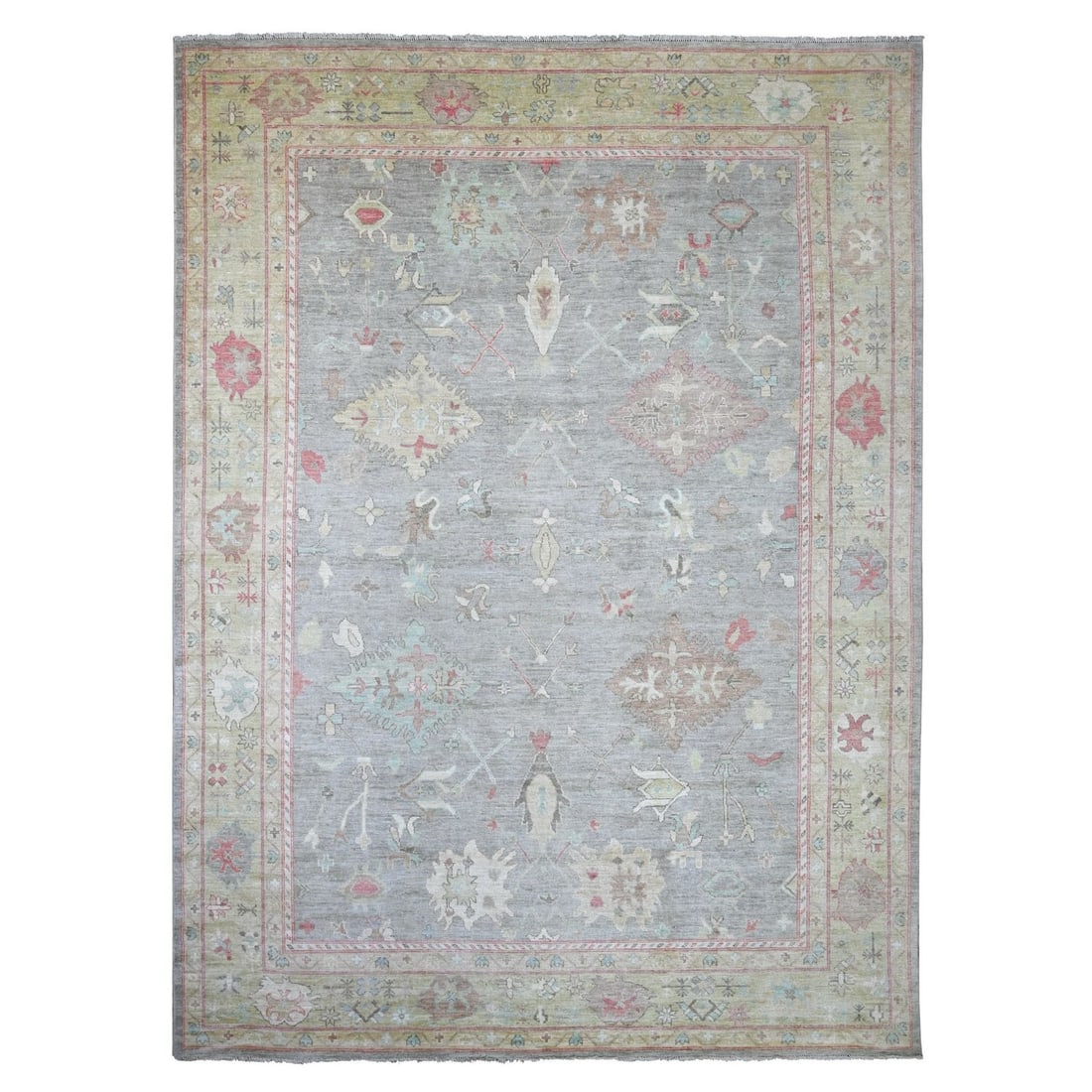 10'x13'7" Gray Afghan Angora Oushak Leaf Design Hand Knotted Pure Wool Rug: 10'x13'7" Gray Afghan Angora Oushak Leaf Design Hand Knotted Pure Wool Rug Experience the rich beauty of traditional Afghan craftsmanship with this stunning 10'x13'7" Gray Oushak Leaf Design Hand Knot