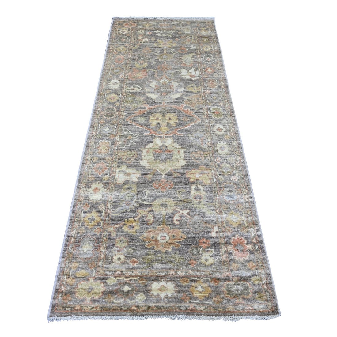 Angora Oushak Leaf Design Pure Wool Runner Brown Hand Knotted 3'x8' Rug: Angora Oushak Leaf Design Pure Wool Runner Brown Hand Knotted 3'x8' Rug Experience the rich beauty of traditional Afghan craftsmanship with this stunning Angora Oushak leaf design pure wool runner