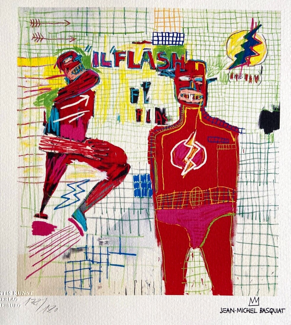 Jean-Michel Basquiat numbered lithograph: Jean-Michel Basquiat numbered lithograph Experience the raw energy of Jean-Michel Basquiat's neo-expressionist style in "Flash in Naples", a numbered lithograph from 1987. This medium-sized print,