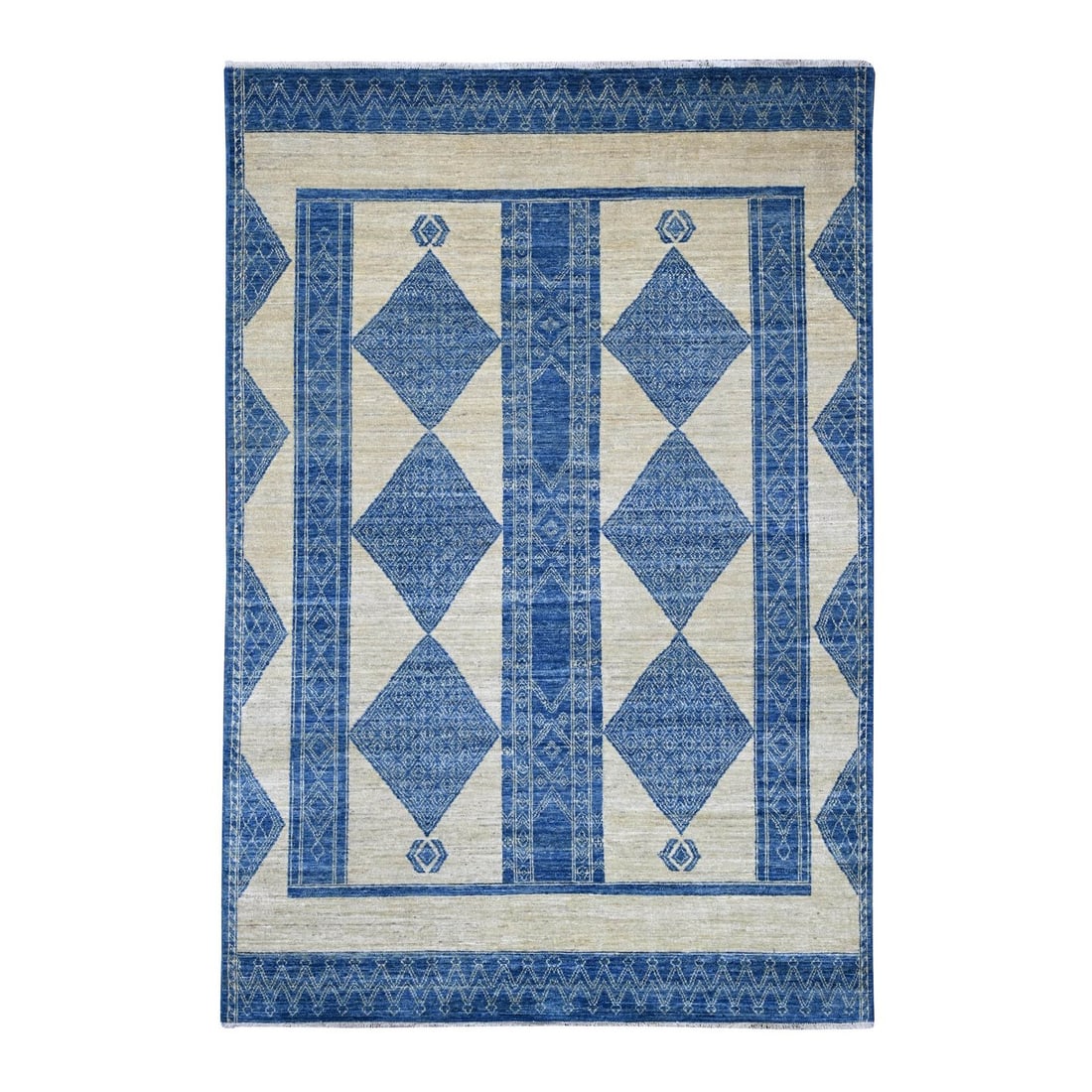 6'x8'10" Ivory and Blue Moroccan Berber Influence Wool Hand Knotted Rug: 6'x8'10" Ivory and Blue Moroccan Berber Influence Wool Hand Knotted Rug Experience the timeless beauty of Moroccan craftsmanship with this stunning 6'x8'10" ivory and blue Berber-style wool