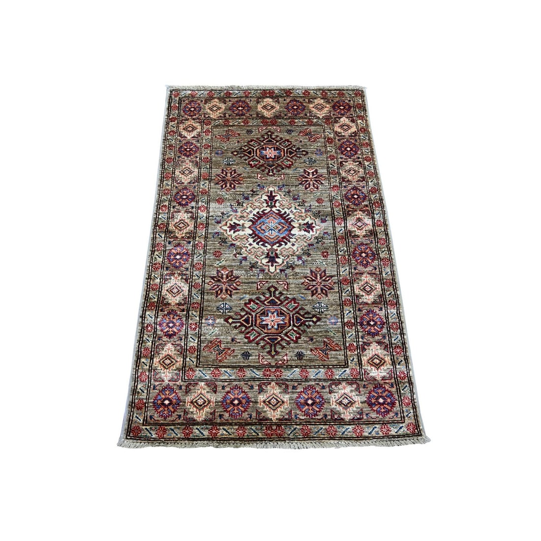 2'9"x4'6" Green Afghan Super Kazak Medallions Design Hand Knotted Wool Rug (1 of 6)