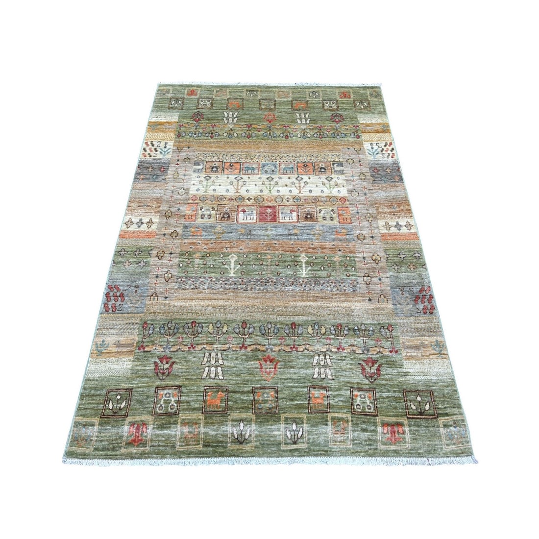 4'x5'10" Sage Green Fine Kashkuli Animal Figurines Hand Knotted Wool Rug (1 of 6)