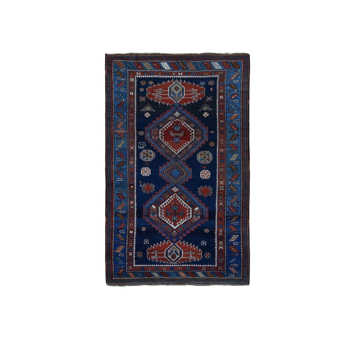 6'2"x9'9" Blue Antique Caucasian Kazak 100% Wool Hand Knotted Large Rug: 6'2"x9'9" Blue Antique Caucasian Kazak 100% Wool Hand Knotted Large Rug Experience the rich history and craftsmanship of Azerbaijan with this stunning 1929 vintage Blue Kazak rug, expertly hand-knotte