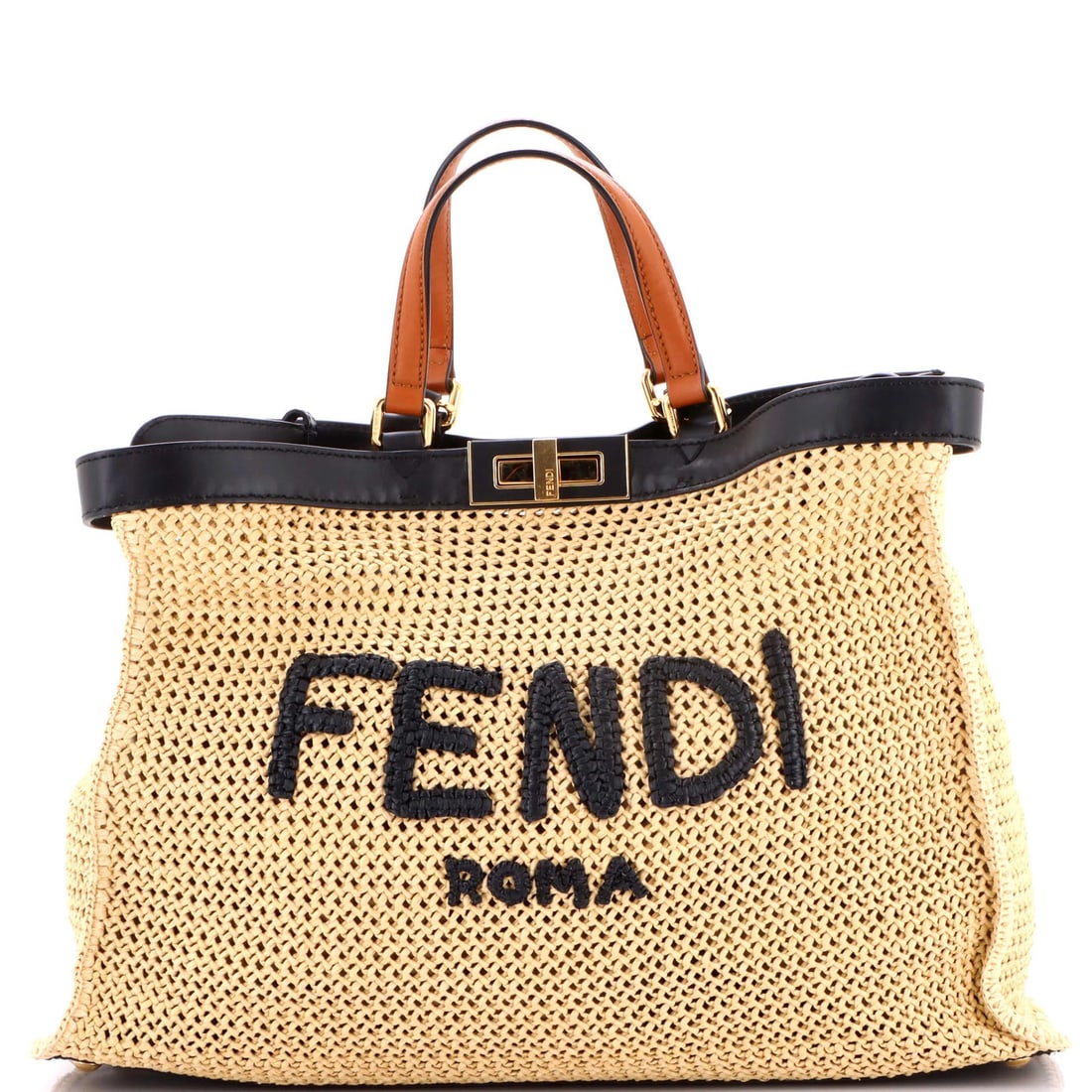 Fendi medium raffia peekaboo tote x-tote: Fendi medium raffia peekaboo tote x-tote Elevate your everyday with the iconic Fendi Peekaboo X-Tote, crafted from luxurious raffia exterior and rich leather interior. This timeless tote boasts clean