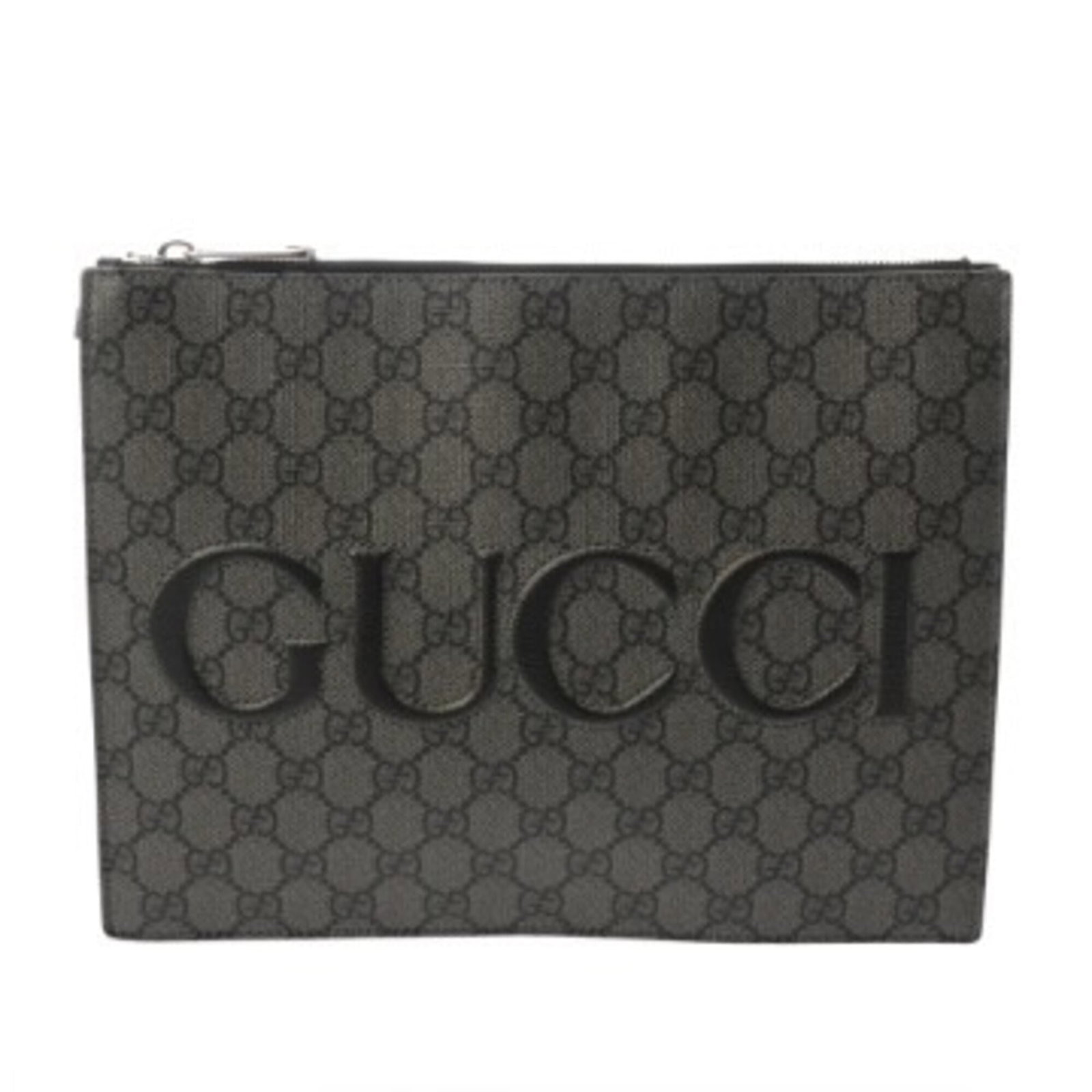 Gucci Leather Supreme Clutch Bag: Gucci Leather Supreme Clutch Bag Experience the timeless elegance of Gucci with this stunning Leather Supreme Clutch Bag, boasting a sleek gray hue and premium GG Supreme leather construction. Its com