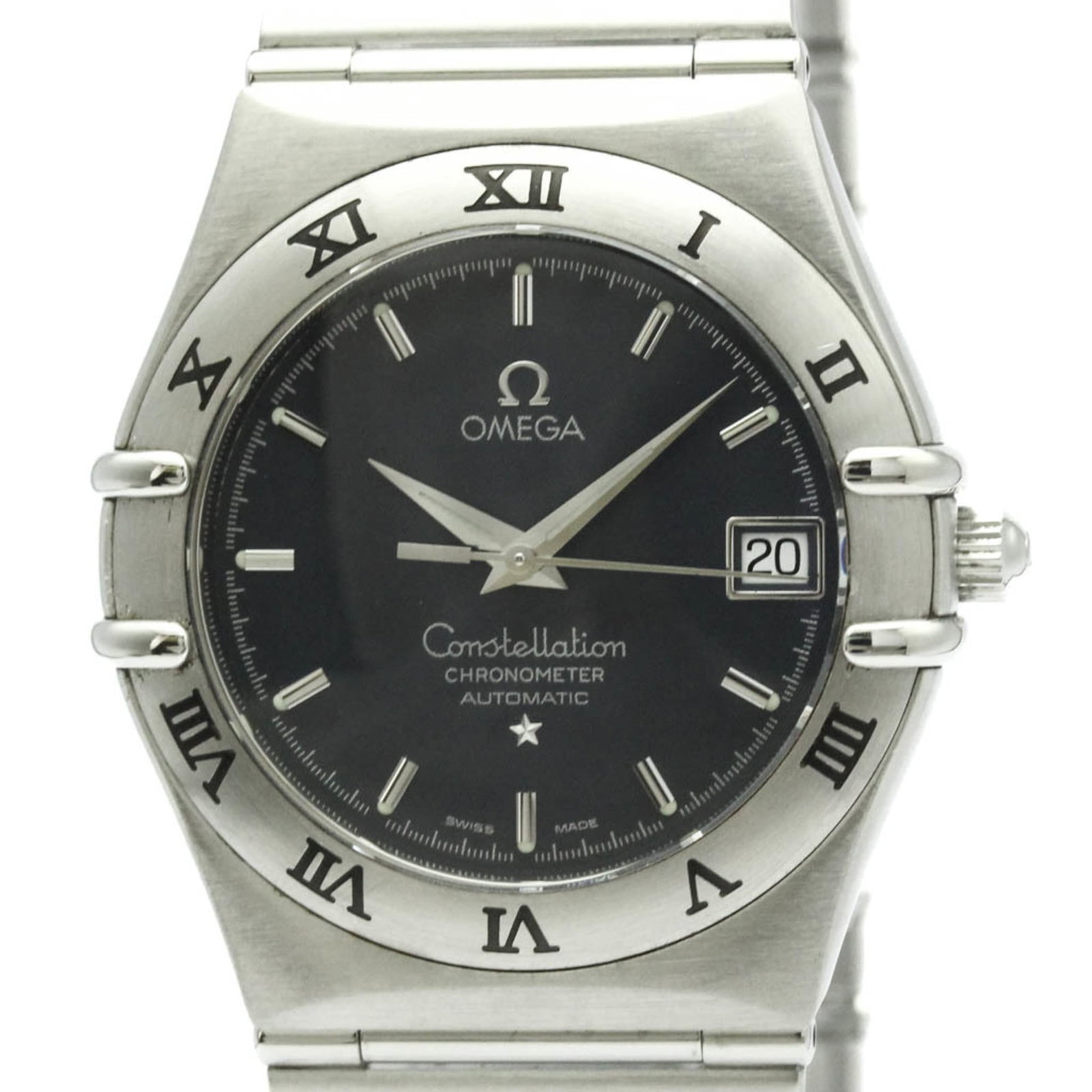 Omega wristwatch: Omega wristwatch A sleek and sophisticated Omega wristwatch, perfect for formal occasions, boasts a durable stainless steel case and band, with a classic gray dial that exudes timeless elegance. With