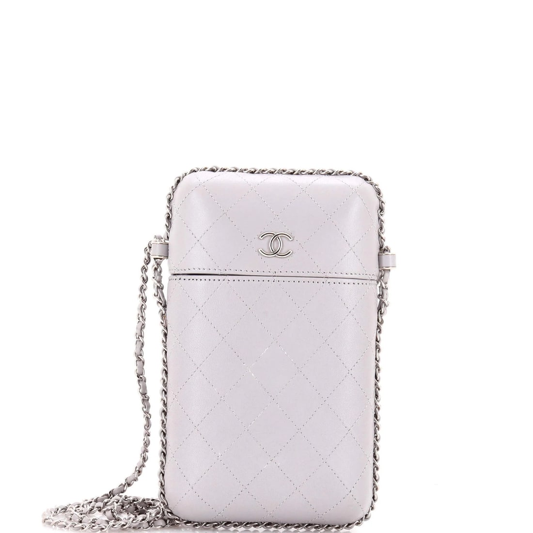 Chanel lambskin quilted crossbody phone holder box around chain.: Chanel lambskin quilted crossbody phone holder box around chain. A sleek and sophisticated Chanel crossbody bag, this quilted lambskin phone holder box is designed to add a touch of luxury to your