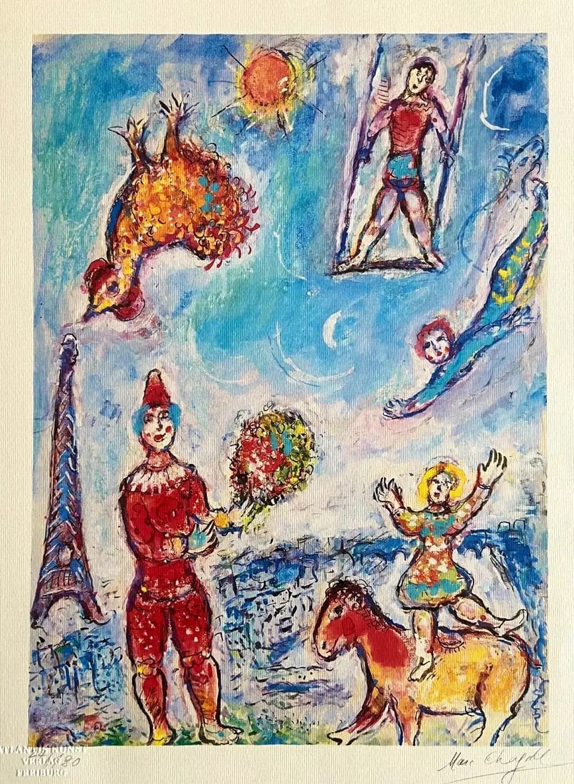 Marc Chagall Lithograph Numbered Stamped: Marc Chagall Lithograph Numbered Stamped Experience the vibrant world of Marc Chagall with this stunning lithograph, "The Circus in the Blue Sky", created between 1978 and 1979. This numbered, handmad