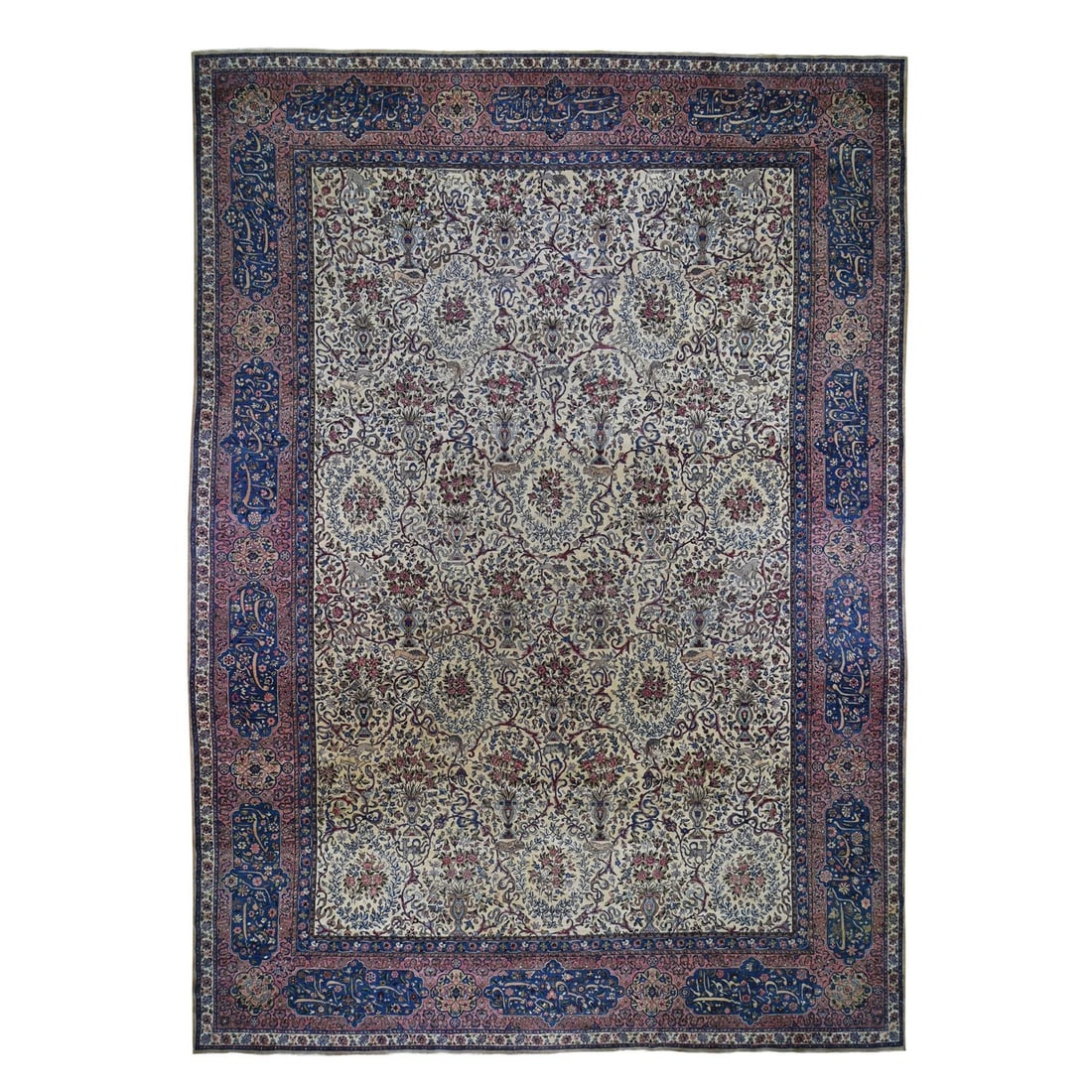 Zoroastrian Hand Knotted Wool Oversized White Antique Rug 13'5"x19'8: Zoroastrian Hand Knotted Wool Oversized White Antique Rug 13'5"x19'8 Experience the timeless beauty of an 1880 antique Zoroastrian hand-knotted wool rug, expertly woven in Turkey with intricate Orient