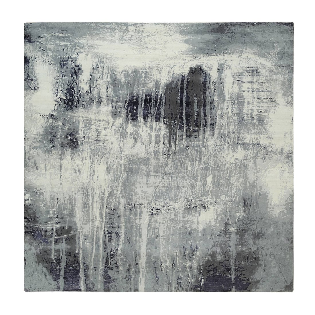 10'x10' Black Abstract Design Wool and Silk Hand Knotted Square Rug: 10'x10' Black Abstract Design Wool and Silk Hand Knotted Square Rug Experience the rich beauty of Indian craftsmanship with this stunning 10'x10' hand-knotted wool and silk abstract design rug, woven