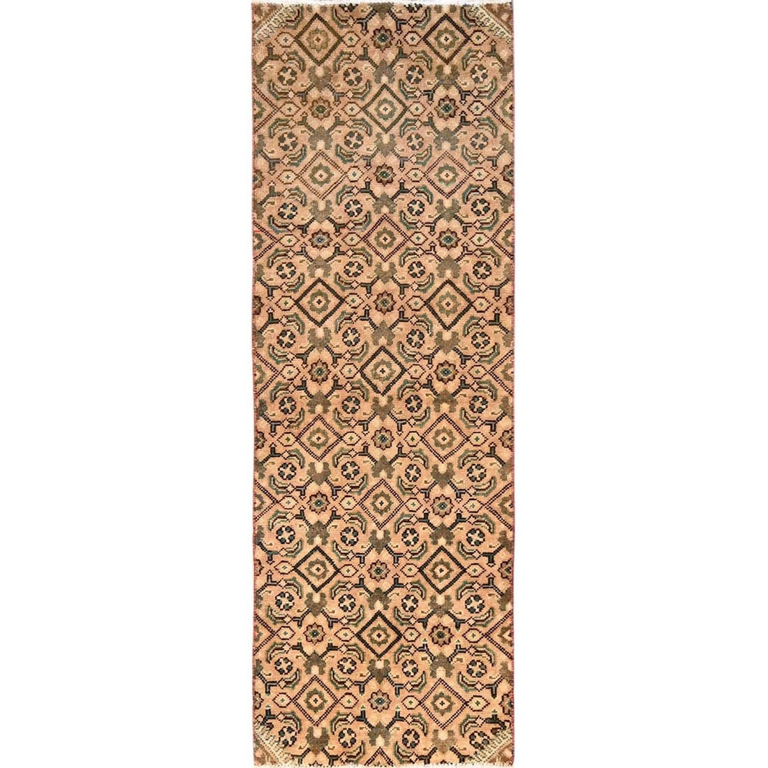 2'5"x7'6" Brown Vintage Zoroastrian Tebraz Hand Knotted Wool Runner Rug: 2'5"x7'6" Brown Vintage Zoroastrian Tebraz Hand Knotted Wool Runner Rug Experience the rich history and cultural heritage of Turkey with this stunning 1950s vintage Tebraz hand-knotted wool runner rug