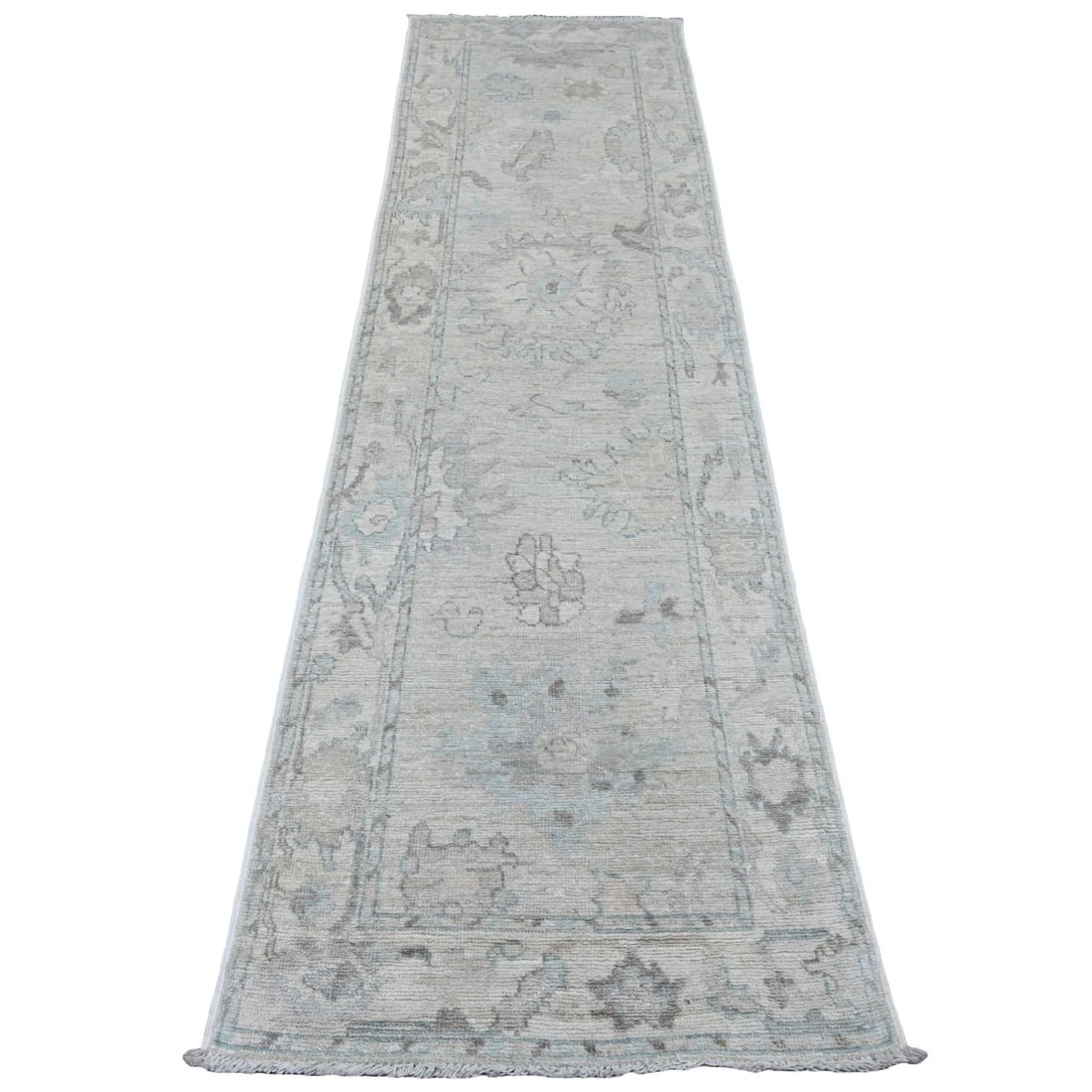 2'7"x9'9" Gray Angora Oushak Leaf Design Hand Knotted All Wool Runner Rug: 2'7"x9'9" Gray Angora Oushak Leaf Design Hand Knotted All Wool Runner Rug Experience the rich history and craftsmanship of Afghanistan with this stunning 2'7"x9'9" Gray Angora Oushak Leaf Design Hand