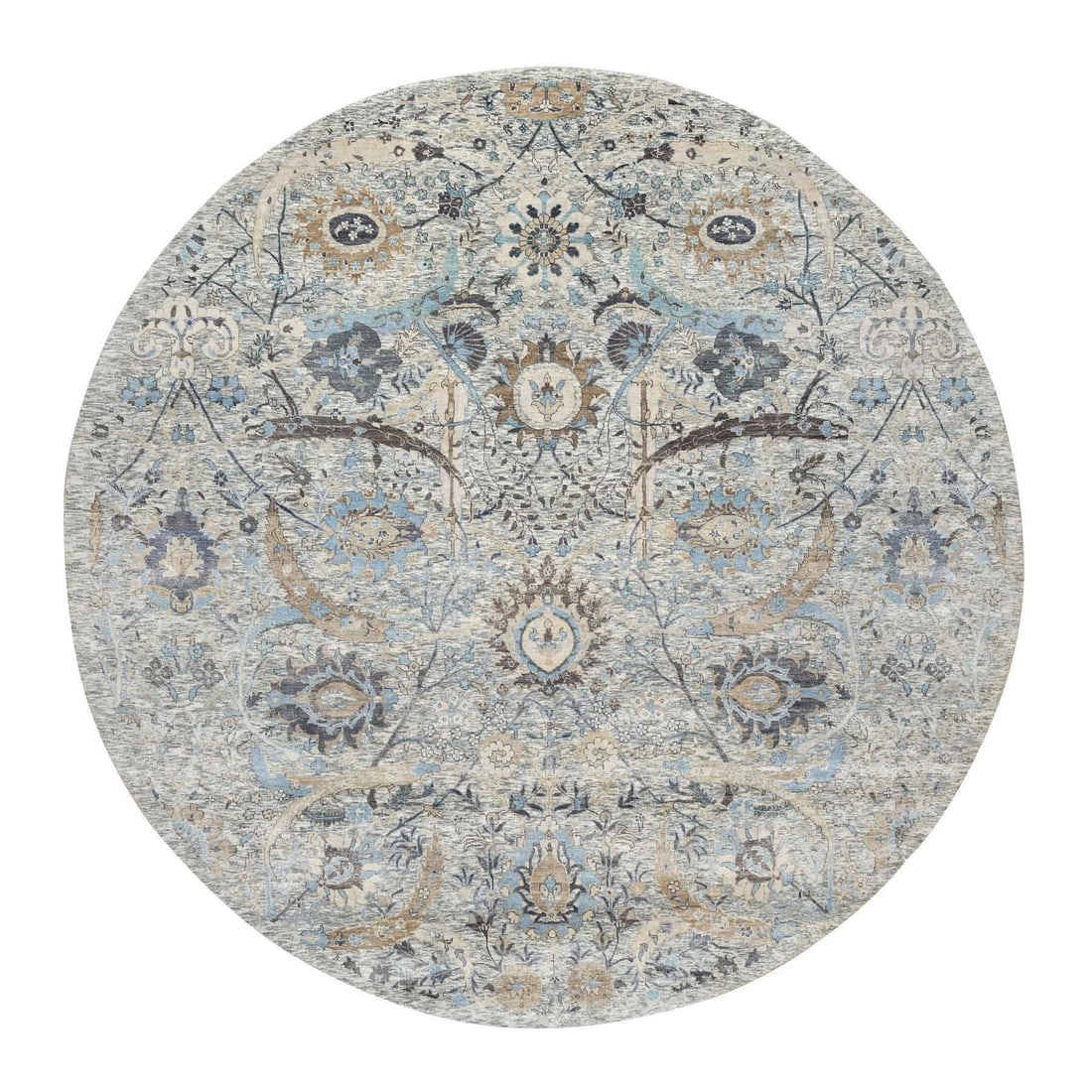 Tahira White Silk Wool Round Sickle Leaf Hand Knotted Rug: Tahira White Silk Wool Round Sickle Leaf Hand Knotted Rug Experience the timeless beauty of Indian craftsmanship with this stunning Tahira White Silk Wool Round Sickle Leaf Hand Knotted Rug, expertly