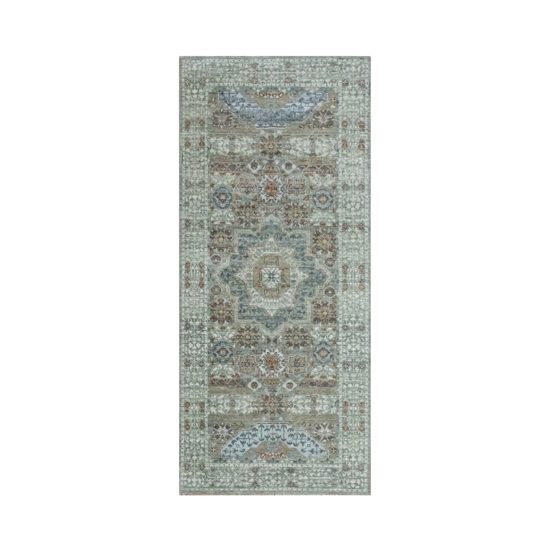 2'7"x6'3" Green Wool Rug Pre Historic Mamluk Design Hand Knotted Runner: 2'7"x6'3" Green Wool Rug Pre Historic Mamluk Design Hand Knotted Runner Experience the rich heritage of India with this stunning, hand-knotted Mamluk-style rug from the country's ancient weaving