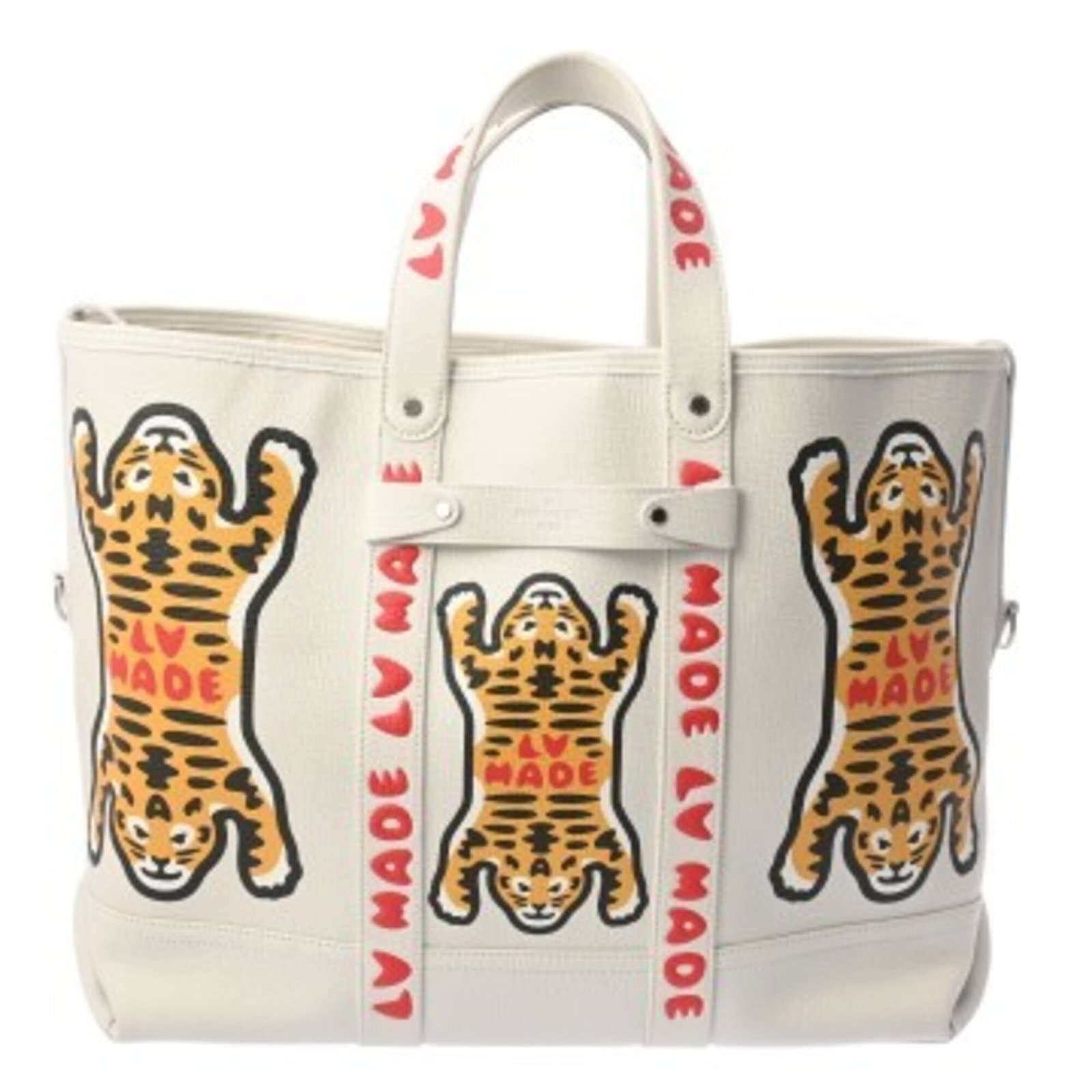 Louis Vuitton leather tote bag: Louis Vuitton leather tote bag A pristine white leather Louis Vuitton tote bag, boasting the iconic monogram pattern, is up for grabs. With its classic 39cm x 45cm size and sturdy 16cm height, this