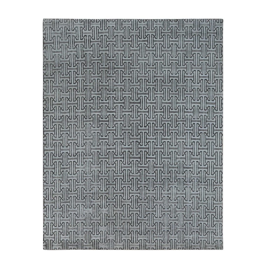 7'10"x10'3" Gray Pure Silk with Wool Roman Key Design Hand Knotted Rug: 7'10"x10'3" Gray Pure Silk with Wool Roman Key Design Hand Knotted Rug Experience the timeless elegance of India's rich cultural heritage with this stunning 7'10"x10'3" gray pure silk and wool