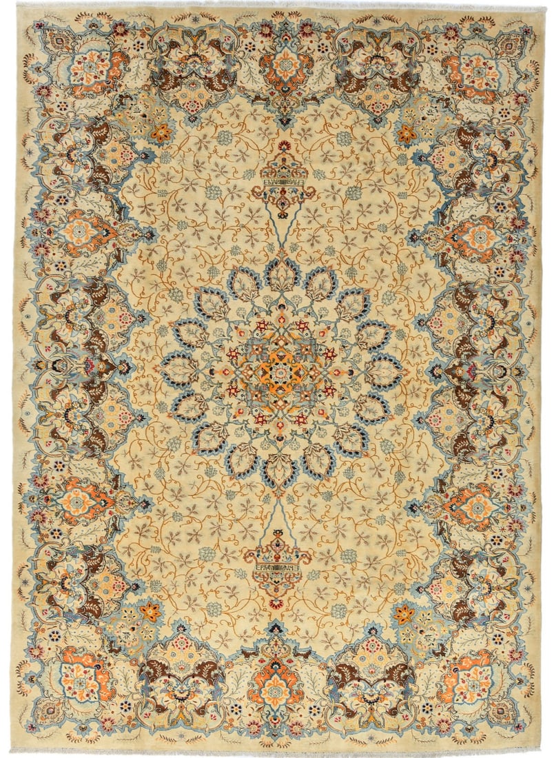 Oriental rug traditional carpet beige medallion handmade semi antique 9x13. (1 of 17)