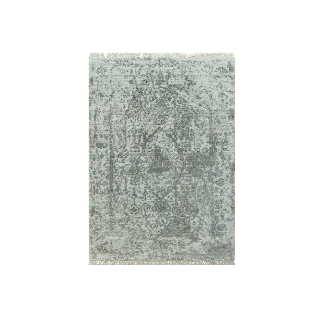 Gray Hand Knotted Wool and Silk Zoroastrian Rug 2'x3'2".: Gray Hand Knotted Wool and Silk Zoroastrian Rug 2'x3'2". Experience the rich cultural heritage of India with this stunning 2'x3'2" Gray Hand Knotted Wool and Silk Zoroastrian Rug, expertly crafted