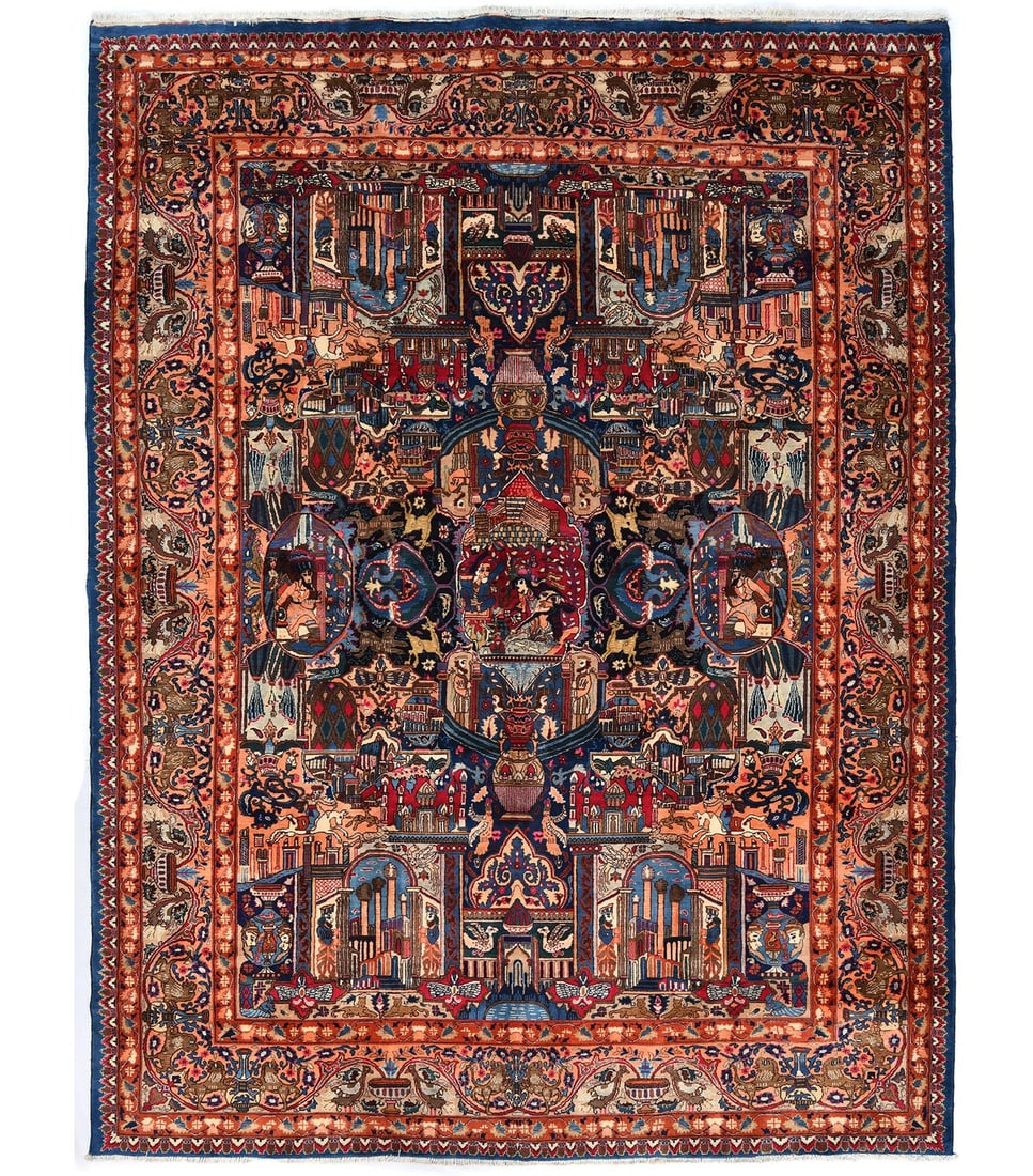 One-of-a-Kind Semi-Antique Oriental Rug in Navy Blue Pictorial Carpet: One-of-a-Kind Semi-Antique Oriental Rug in Navy Blue Pictorial Carpet Experience the unique charm of this one-of-a-kind, hand-knotted semi-antique Oriental rug, expertly woven in navy blue and