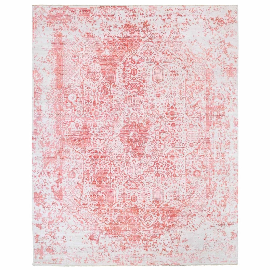12'2"x15' Oversize Pink Broken Farsian Design Wool-Silk Hand Knotted Rug: 12'2"x15' Oversize Pink Broken Farsian Design Wool-Silk Hand Knotted Rug Experience the timeless beauty of India's rich cultural heritage with this stunning 12'2"x15' hand-knotted wool-silk rug,