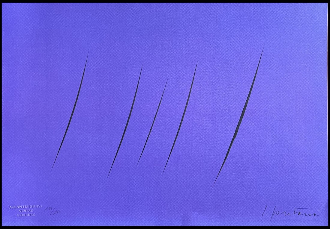 Lithograph by Lucio Fontana: Lithograph by Lucio Fontana Lucio Fontana's "Space concept. Waiting" is a striking chromolithograph, printed in 1978 in a limited edition of just 180 copies from esteemed Atlantis Verlag Freiburg. The