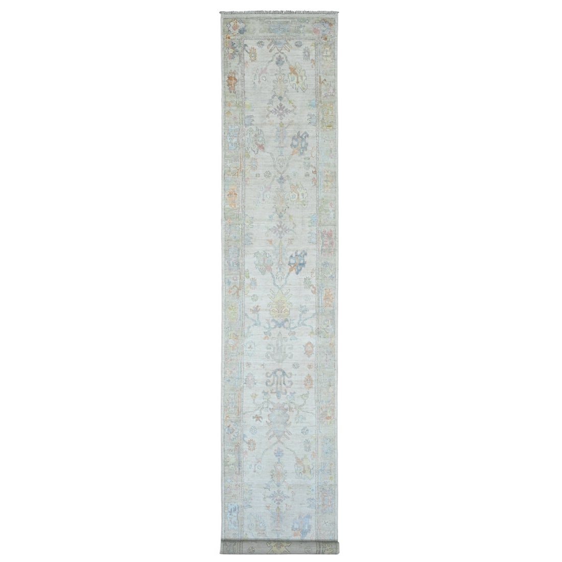 2'8"x15'7" White Angora Ushak Leaf Design Wool Hand Knotted Runner Rug: 2'8"x15'7" White Angora Ushak Leaf Design Wool Hand Knotted Runner Rug Experience the timeless elegance of an authentic Afghan Oushak rug, expertly hand-knotted with soft white Angora wool and