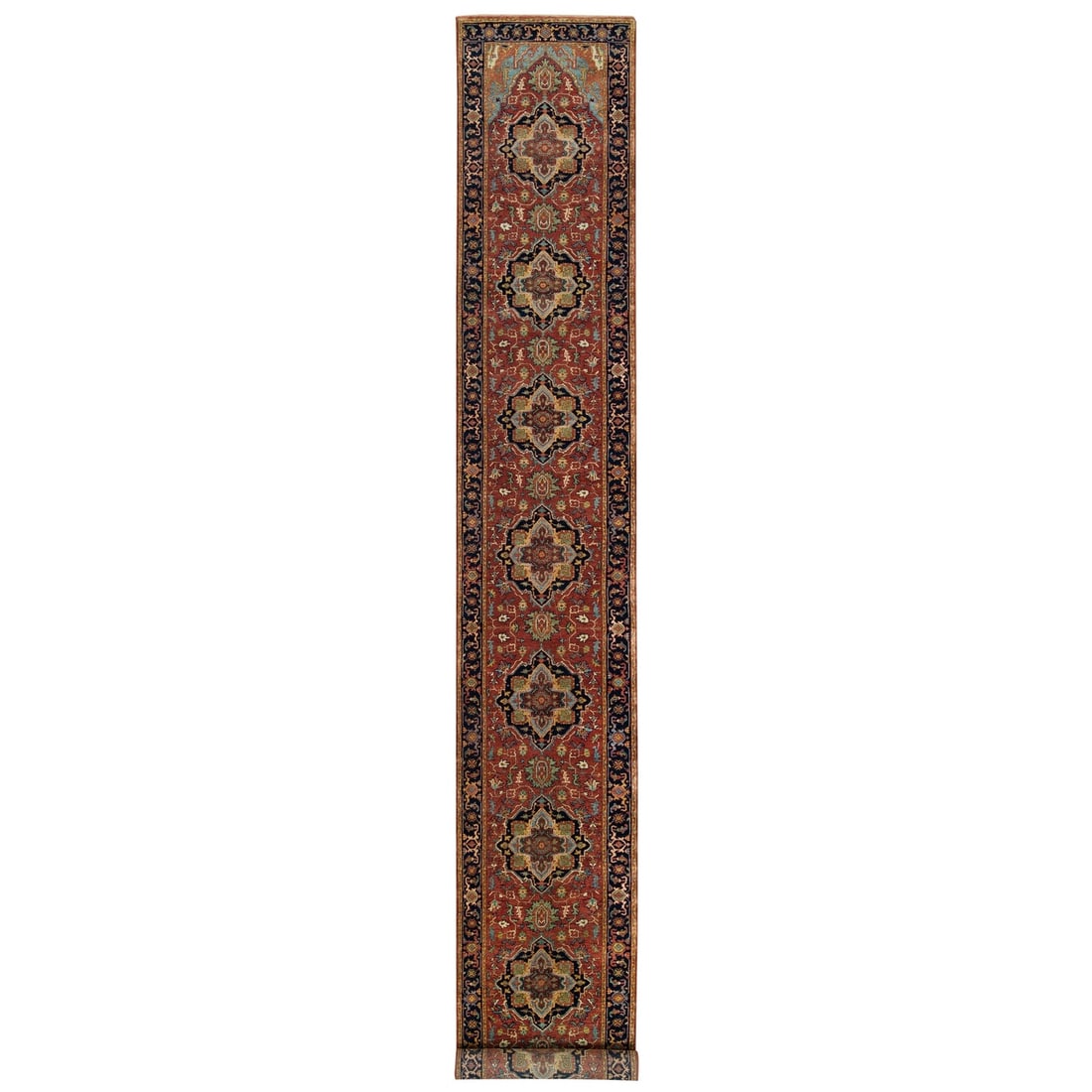 2'6"x18' Red Soft Wool Hand Knotted Antiqued Fine Heris XL Runner Rug: 2'6"x18' Red Soft Wool Hand Knotted Antiqued Fine Heris XL Runner Rug Experience the rich beauty of India's ancient traditions with this stunning 2000-year-old Heris-style rug, expertly hand-knotted