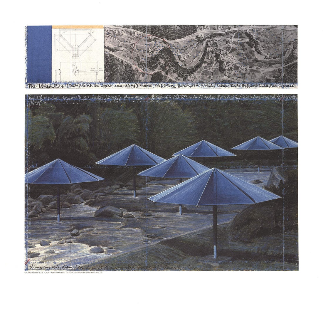 JAVACHEFF CHRISTO The Blue Umbrellas 20" x 18" Poster 1995 Contemporary Blue Gr (1 of 11)