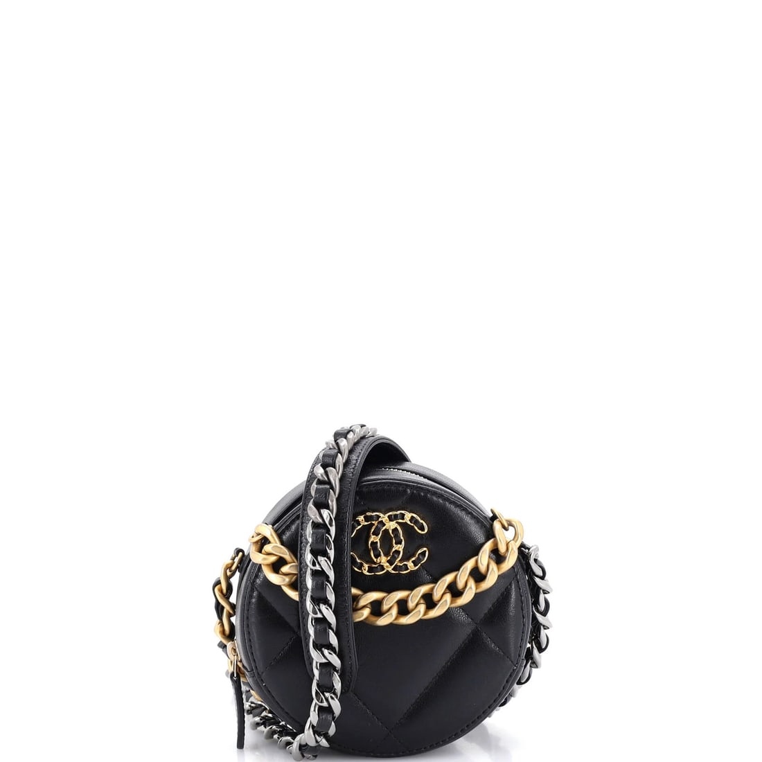 Chanel 19 quilted chain leather round clutch: Chanel 19 quilted chain leather round clutch A sleek and sophisticated Chanel round clutch, the 19 quilted chain leather design exudes timeless elegance with its classic black exterior and striking
