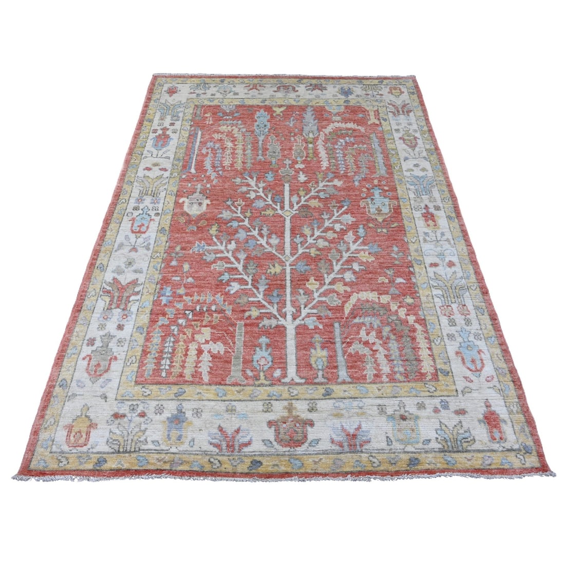 5'x6'10" Red Hand Knotted Afghan Angora Oushak Tree Design 100% Wool Rug: 5'x6'10" Red Hand Knotted Afghan Angora Oushak Tree Design 100% Wool Rug Experience the rich beauty of traditional Afghan craftsmanship with this stunning 100% wool, hand-knotted Oushak rug in