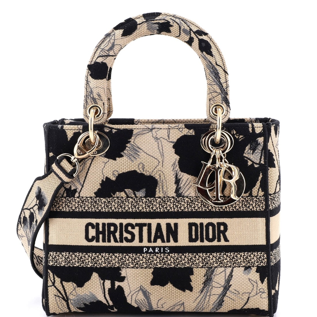 Christian Dior Lady D-Lite Bag is embroidered on medium canvas.: Christian Dior Lady D-Lite Bag is embroidered on medium canvas. A stunning Christian Dior Lady D-Lite bag, expertly embroidered onto medium canvas, boasts a sleek black exterior with subtle print