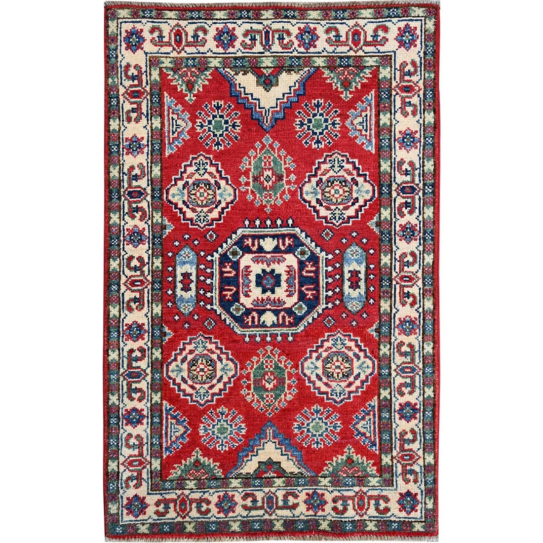 2'6"x4' Berry Red Kazak with Tribal Motifs Hand Knotted Soft Wool Mat Rug: 2'6"x4' Berry Red Kazak with Tribal Motifs Hand Knotted Soft Wool Mat Rug Experience the vibrant colors and intricate patterns of traditional Afghan craftsmanship with this stunning 48" x 30" Berry